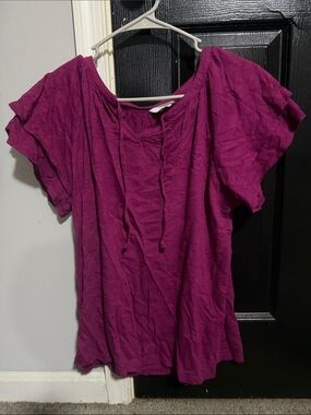 Time and Tru Short Sleeve Tie-Neck Top - Magenta